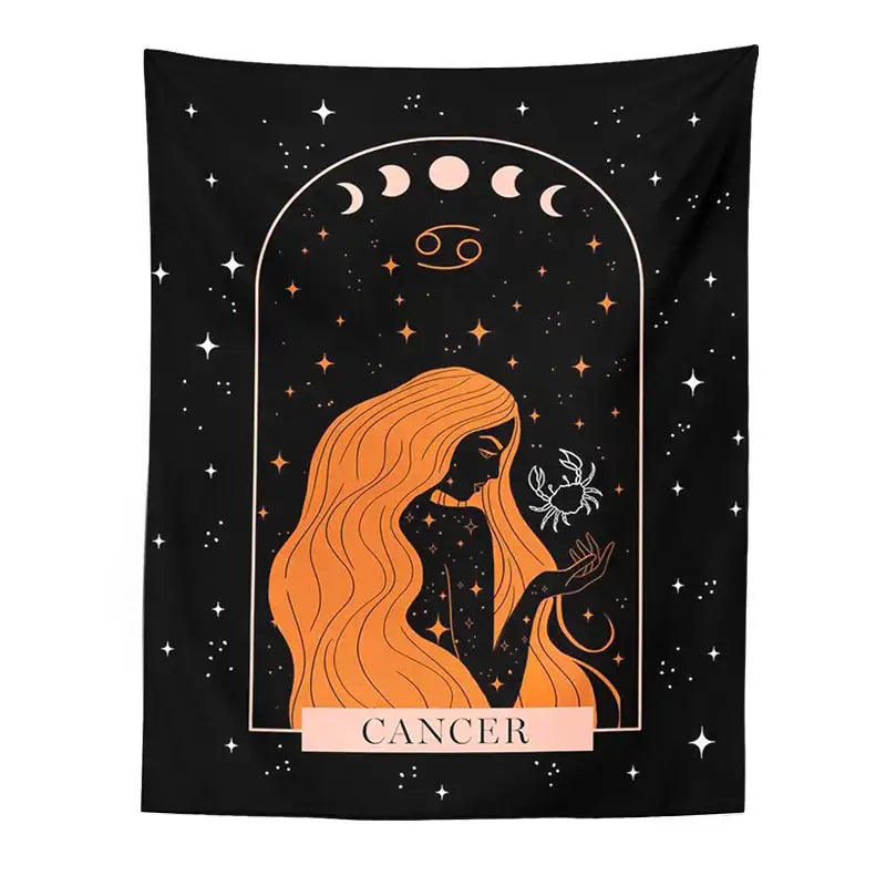 Black scorpio celestial constellation tapestry with orange hair figure holding a white crab on starry night decorbites tapestry