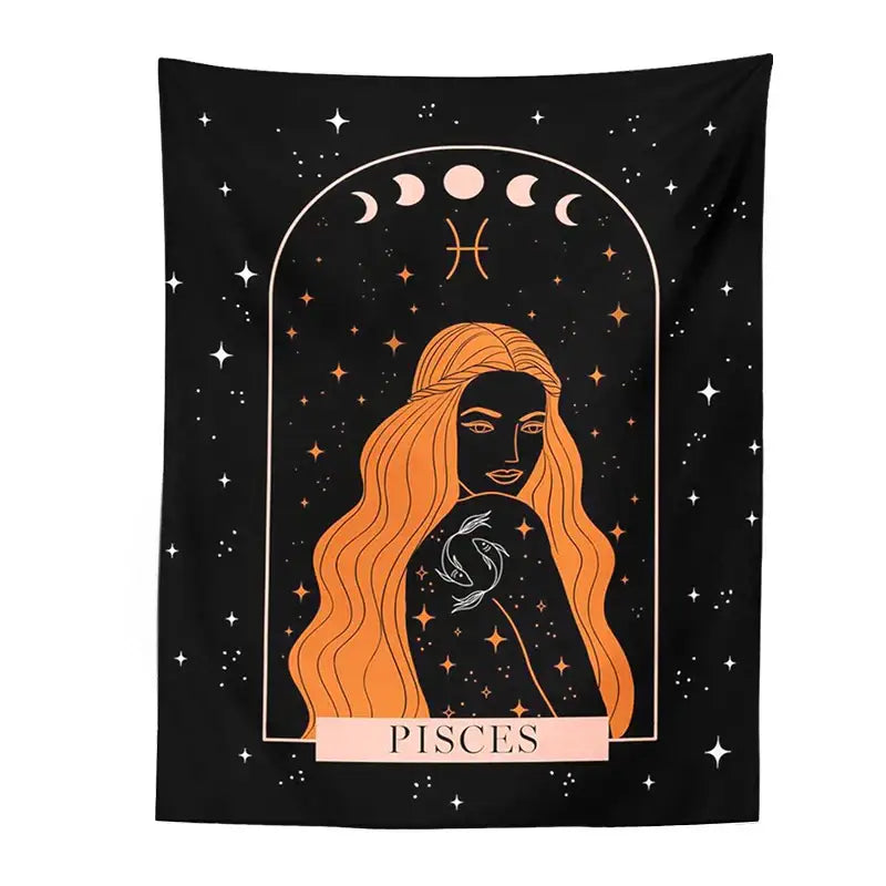 Black scorpio celestial constellation tapestry with stylized pisces woman moon phases for bedroom decorbites celestial constellation wall art