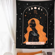 Black scorpio celestial constellation tapestry featuring an orange-haired woman with scorpion tattoo moon phases stars wall art