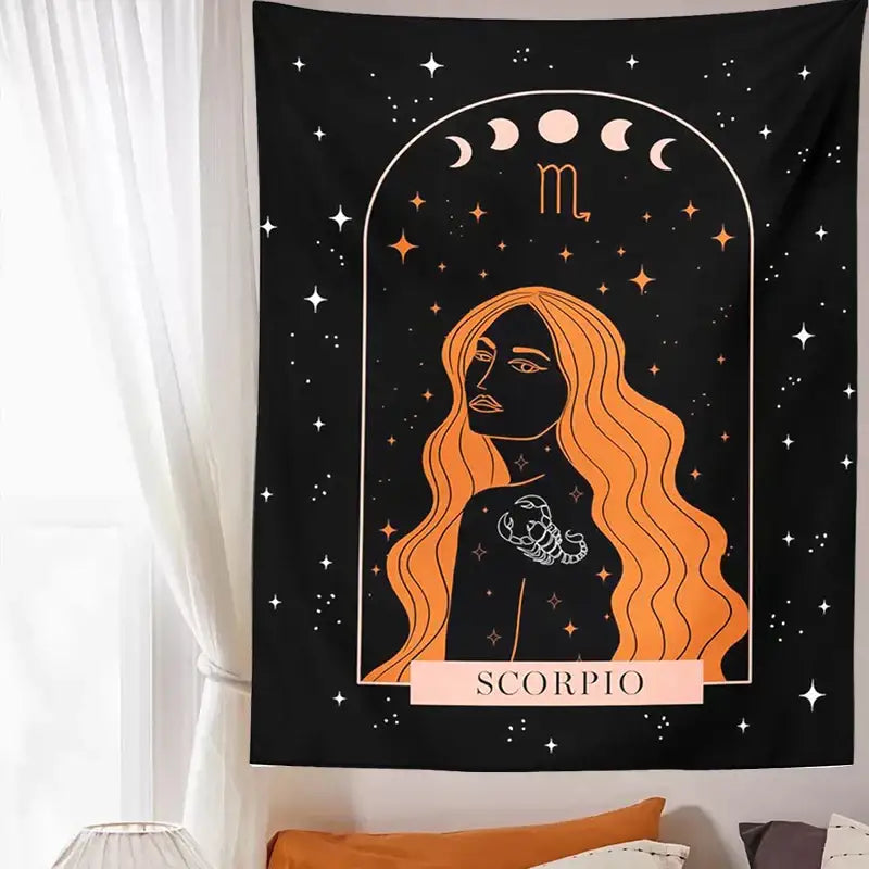 Black scorpio celestial constellation tapestry featuring an orange-haired woman with scorpion tattoo moon phases stars wall art