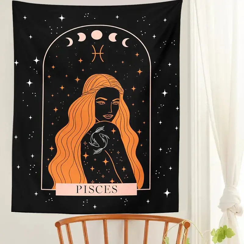 Black celestial constellation tapestry featuring an illustrated pisces with orange hair and silver fish symbol on starry night background
