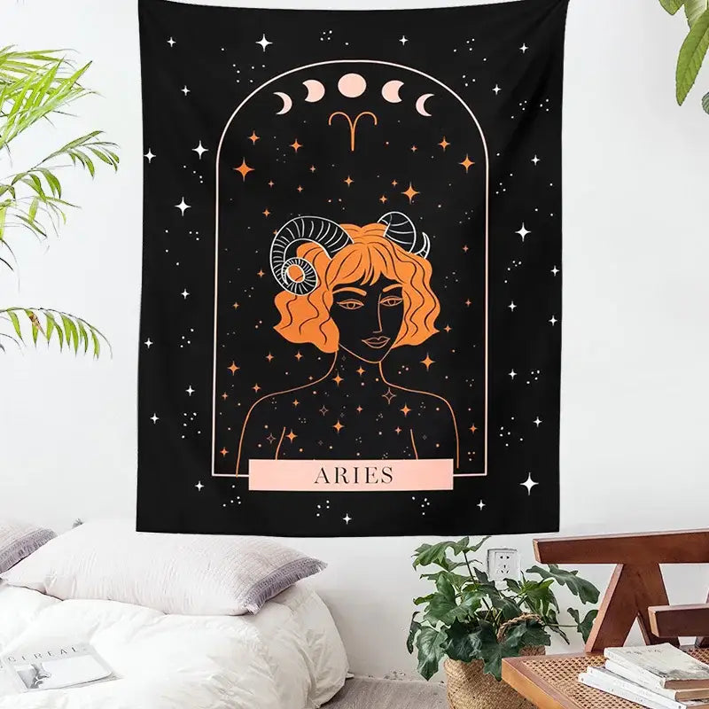 Black aries-themed celestial constellation tapestry featuring an illustrated figure with ram horns and moon phases decorbites celestial constellation wall art