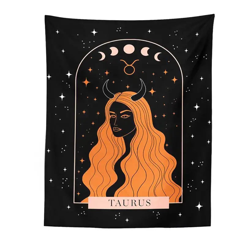 Black taurus zodiac celestial constellation tapestry with orange-haired woman framed by moon phases for decorbites bedroom wall art