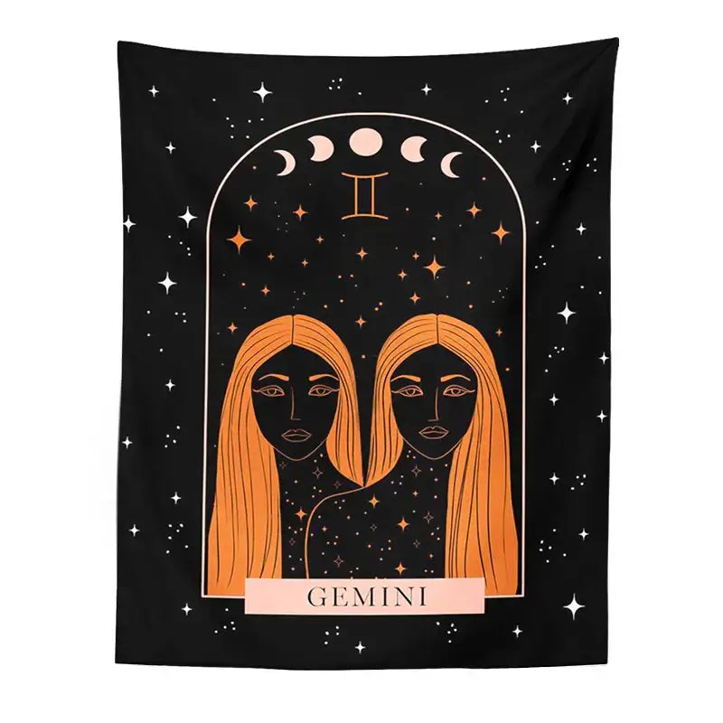 Black gemini zodiac tapestry with orange-haired figures under starry arch and moon phases for decorbites celestial constellation decor