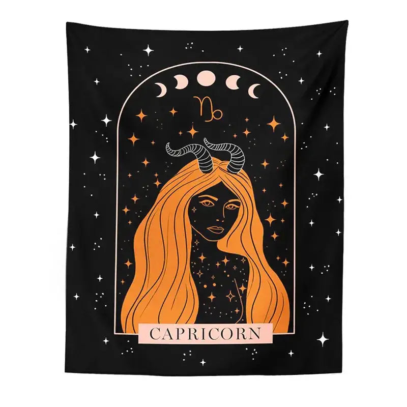 Black scorpio celestial constellation tapestry showing an orange haired figure with striped horns framed by moon phases and stars