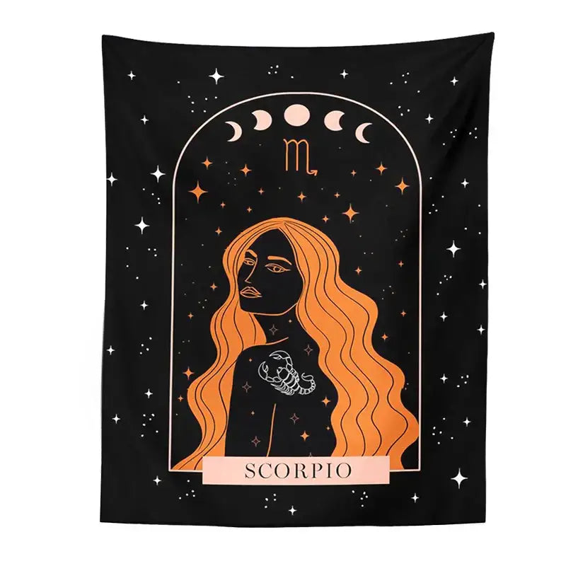 Black scorpio celestial constellation tapestry with orange-haired figure and moon phases for bedroom decorbites celestial constellation wall art