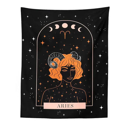 Black aries zodiac celestial constellation tapestry featuring orange curly hair figure with ram horns on starry night sky background