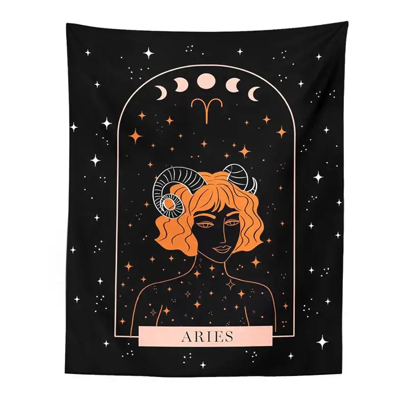 Black aries zodiac celestial constellation tapestry featuring orange curly hair figure with ram horns on starry night sky background