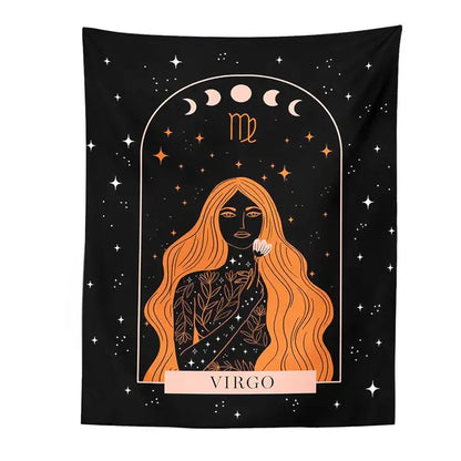 Black scorpio celestial constellation tapestry featuring an illustrated woman with moon phases decorbites celestial constellation wall art
