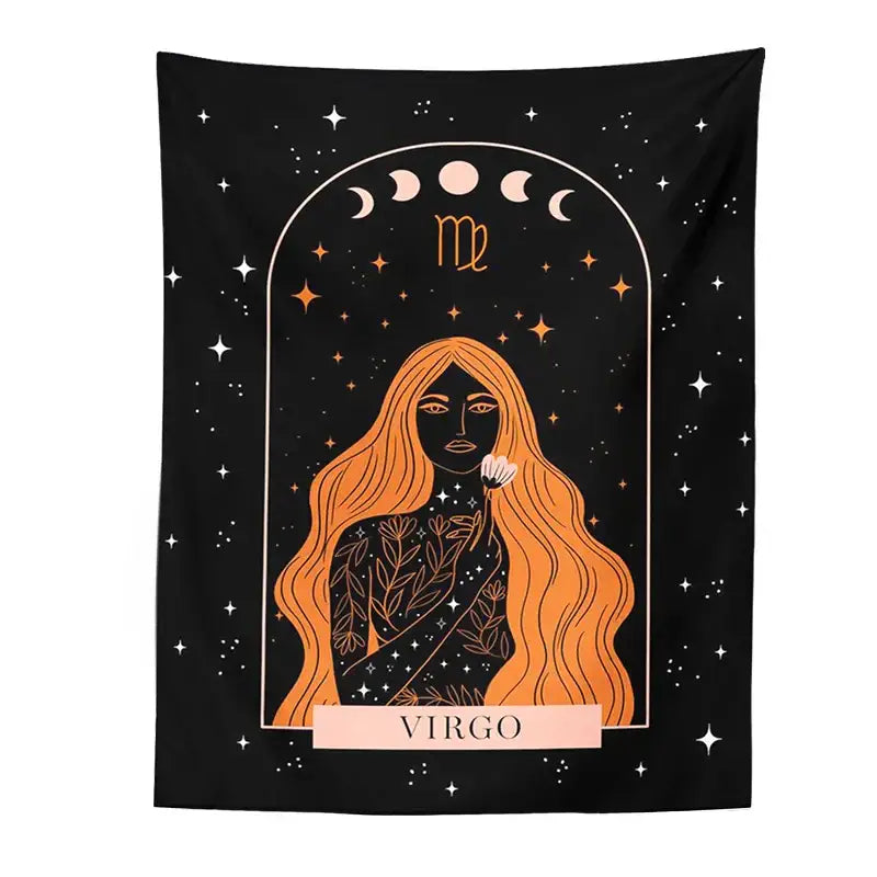 Black scorpio celestial constellation tapestry featuring an illustrated woman with moon phases decorbites celestial constellation wall art