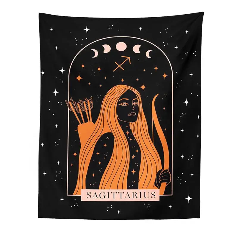 Black sagittarius celestial constellation tapestry features an orange archer on a starry night sky for decorbites moon wall art