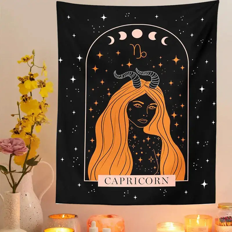Black capricorn zodiac tapestry featuring an orange horned figure with stars and moon phases decorbites celestial constellation wall art
