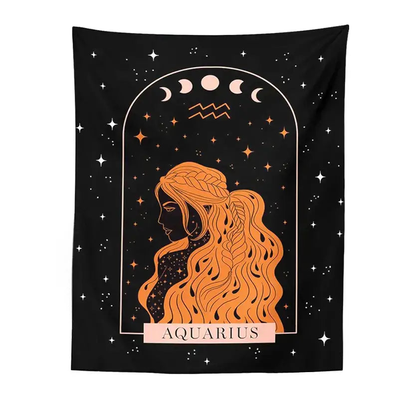 Black scorpio celestial constellation tapestry with orange braids silhouette moon phases and aquarius sign wall decorbites celestial constellation