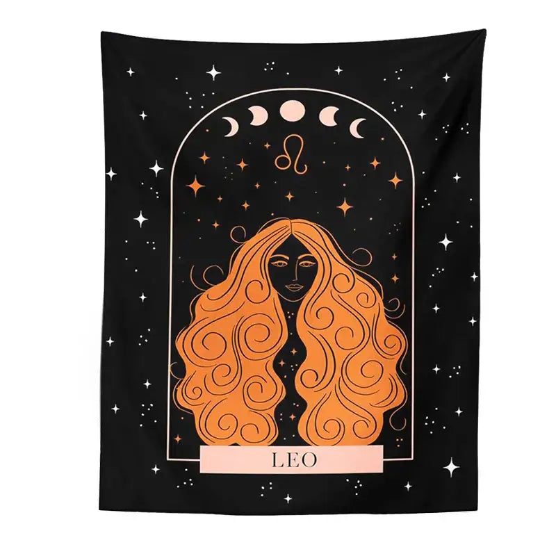 Black scorpio celestial constellation tapestry featuring an orange illustrated woman under moon phases decorbites celestial constellation wall art
