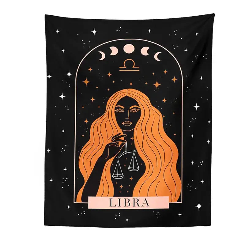 Black celestial constellation tapestry featuring an orange-haired Libra woman with scales and moon phases decorbites celestial constellation