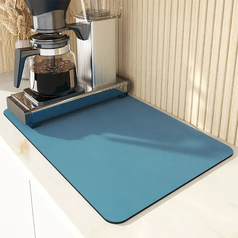 Blue rectangular black silicone absorbent espresso machine mat by decorbites for kitchen coffee decor