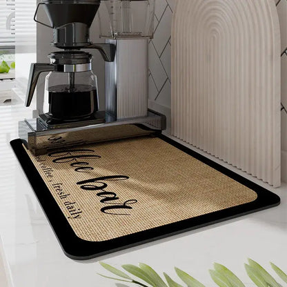 Black silicone absorbent espresso machine mat with burlap texture and black coffee bar script for decorbites espresso use
