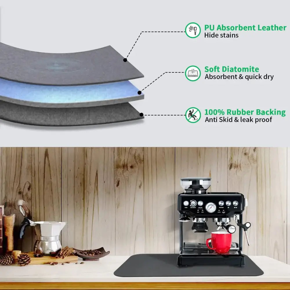 Black silicone absorbent espresso machine mat with soft diatomite and rubber backing for decorbites espresso machine use