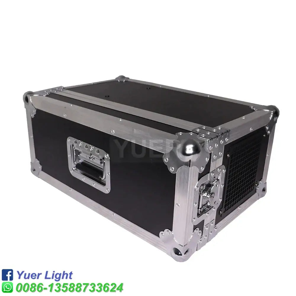 Black flight case with silver aluminum edges and handle designed for 2000w haze machine party room use