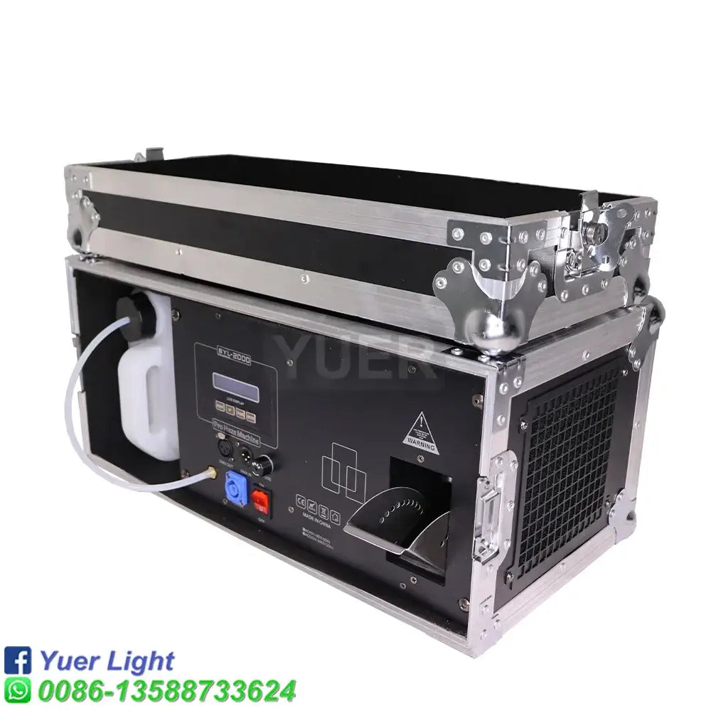 Black and silver flight case housing a 2000w haze machine with control panel and power ports for party room atmosphere effect