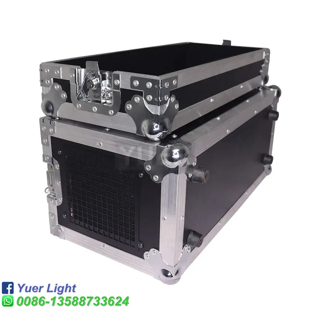 Black flight case with silver aluminum edges and latch for secure transport of 2000w haze machine party effect