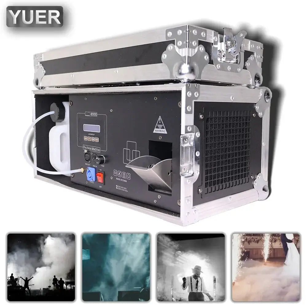Yuer black and silver 2000w haze machine with rugged case, lcd display, and control buttons for party room atmosphere effect