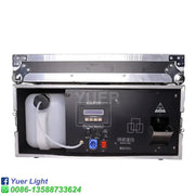 Black and silver 2000w haze machine with silver metal casing and white liquid reservoir for party room atmosphere effect