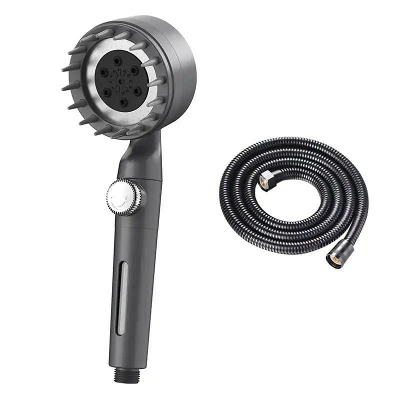 Black and silver decorbites adjustable high pressure shower head with coiled black flexible hose and three spray modes