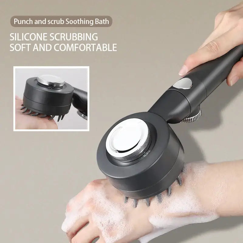 Black silicone scrubbing shower attachment with silver rotating knob and soft bristles for decorbites adjustable high pressure shower head