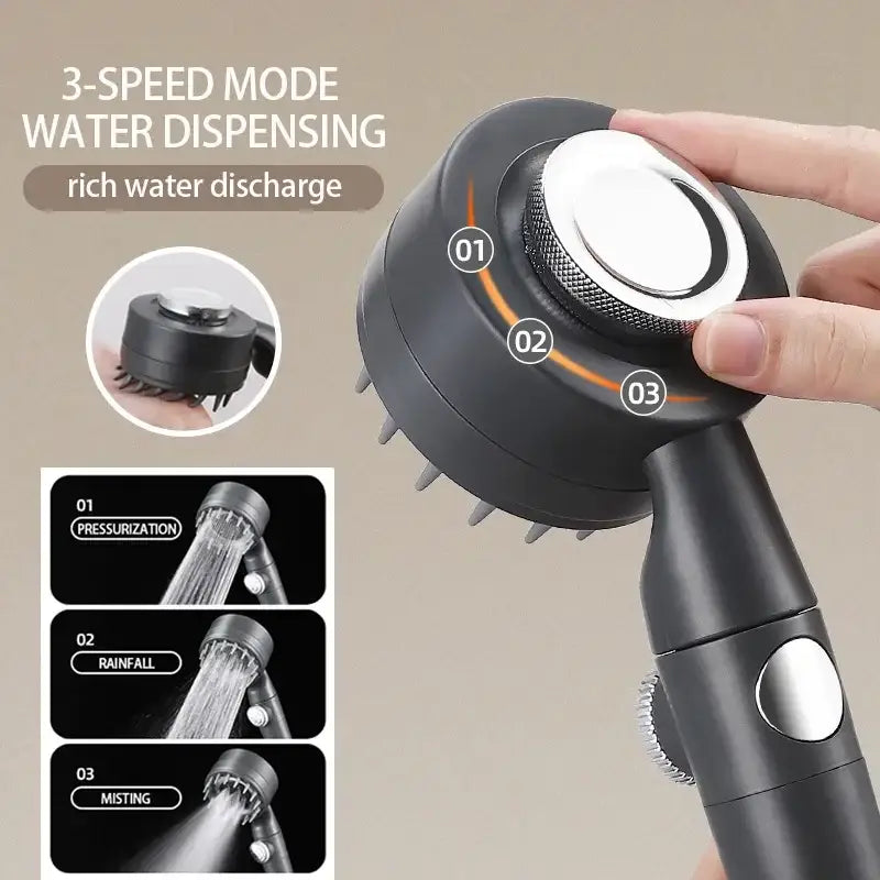 Black and silver decorbites adjustable high pressure shower head with rotary dial and three-speed water modes