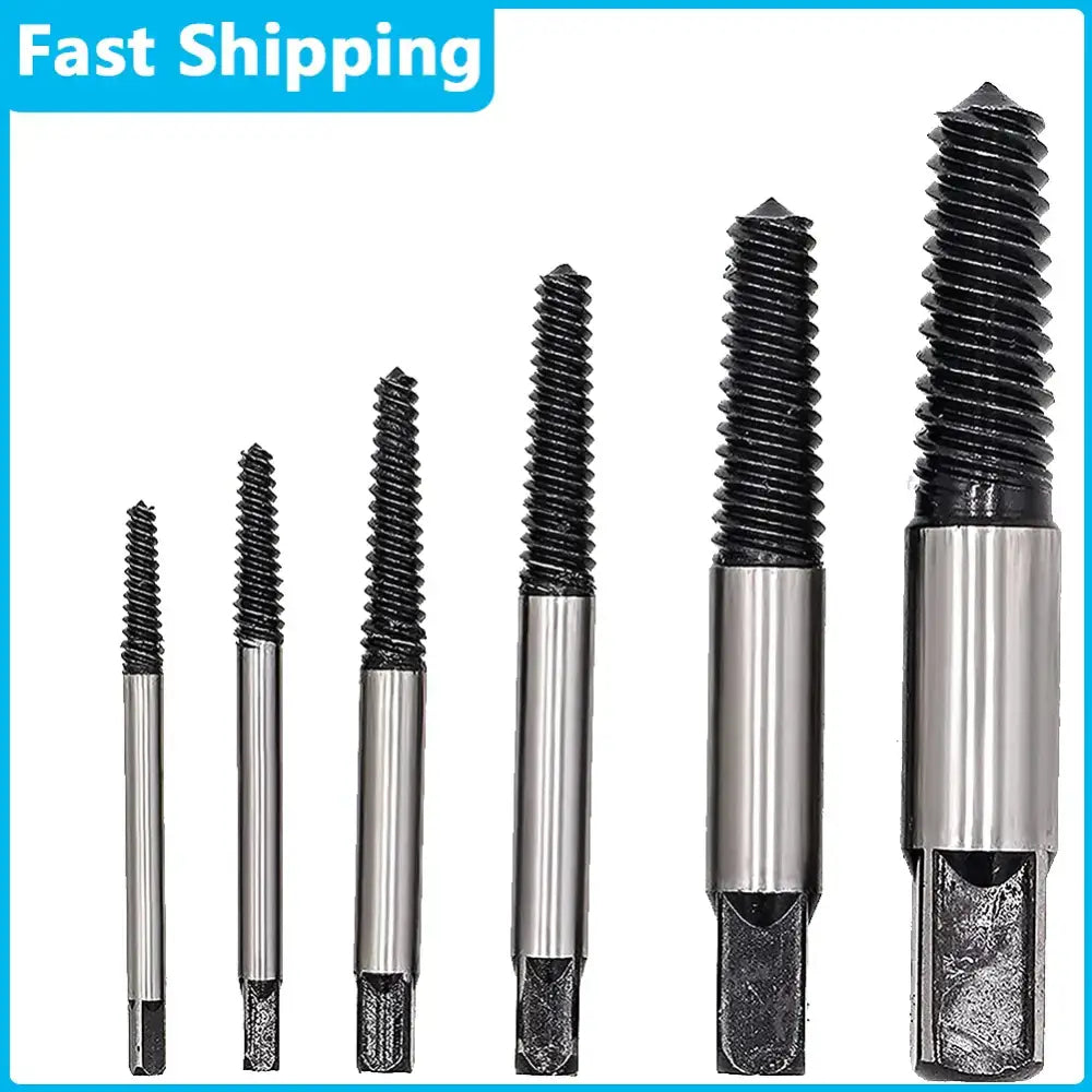 Set of five black and silver threaded bolt extractor kit with spiral cutting ends for removing stripped screws
