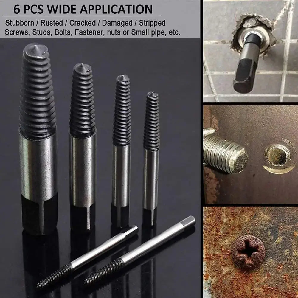 Set of four metallic bolt extractors with threaded tapered tips and black plastic handles in a bolt extractor kit