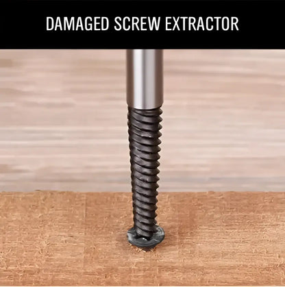 Silver screw extractor with blackened metal tip embedded in wood from black and silver bolt extractor kit for broken screws