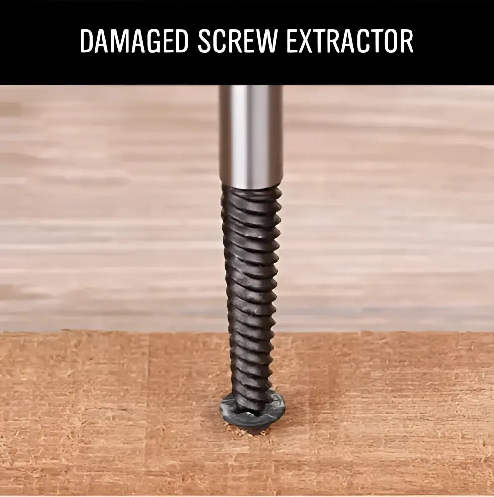 Silver screw extractor with blackened metal tip embedded in wood from black and silver bolt extractor kit for broken screws