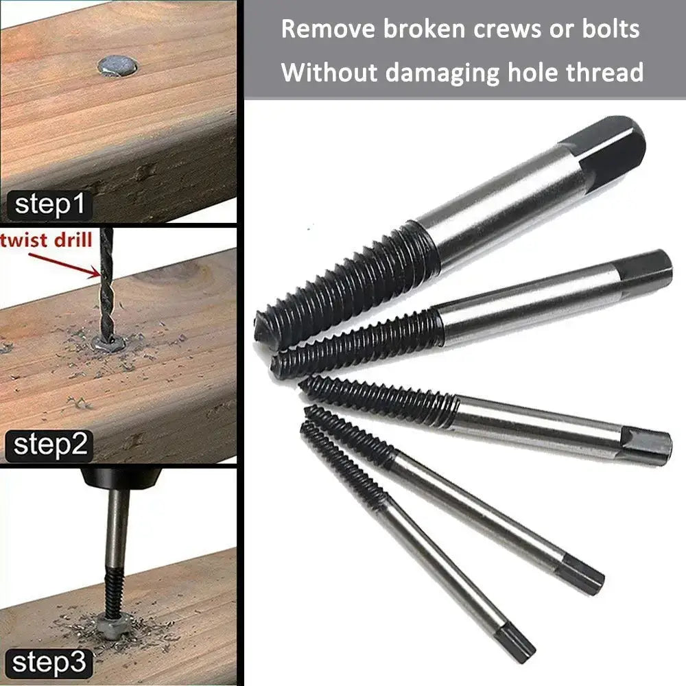 Set of four black and silver metallic bolt extractor kit with threaded tapered ends and hexagonal handles for broken screws