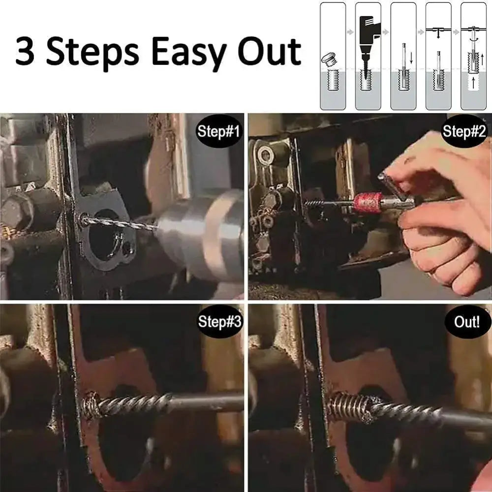 Metallic spiral drill bit with red handle in black and silver bolt extractor kit for easy removal of stuck fasteners