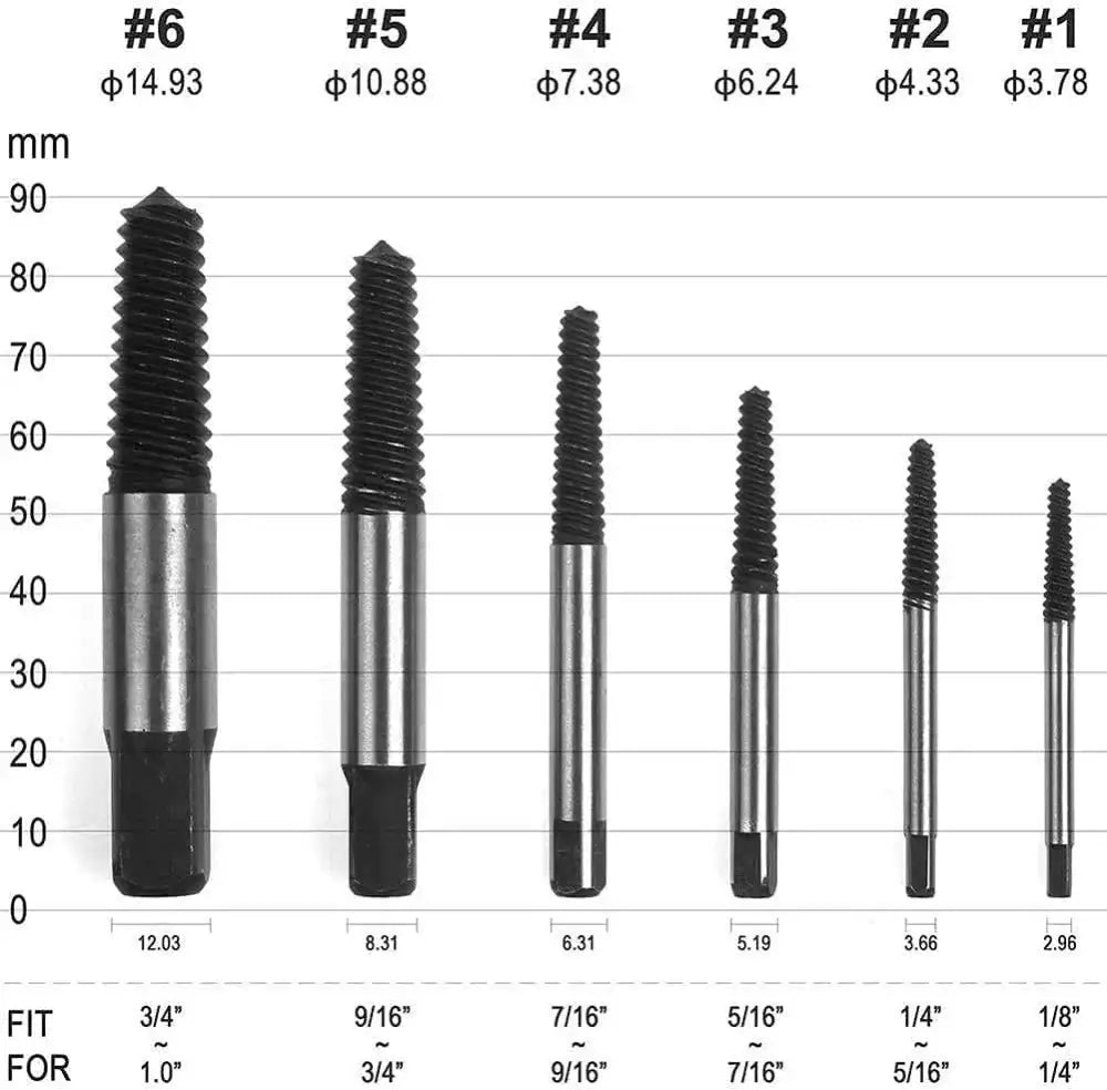 Set of six black and silver metallic bolt extractor kit with threaded tips and hexagonal handles labeled by size from 1 to 6