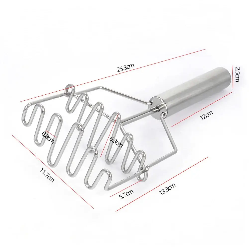 Black and silver stainless steel potato masher with polished handle and interlocking curved blades for food crushing