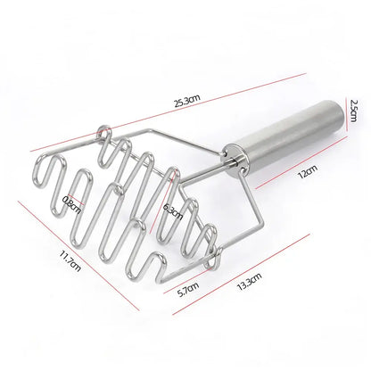 Black and silver stainless steel potato masher with polished handle and interlocking curved blades for food crushing