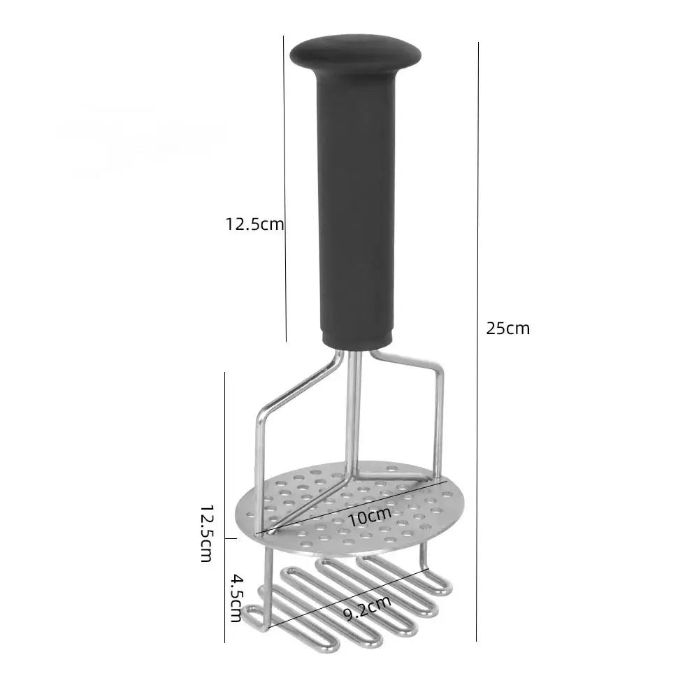 Black and silver stainless steel potato masher with black handle and perforated ridged pressing head for food crushing