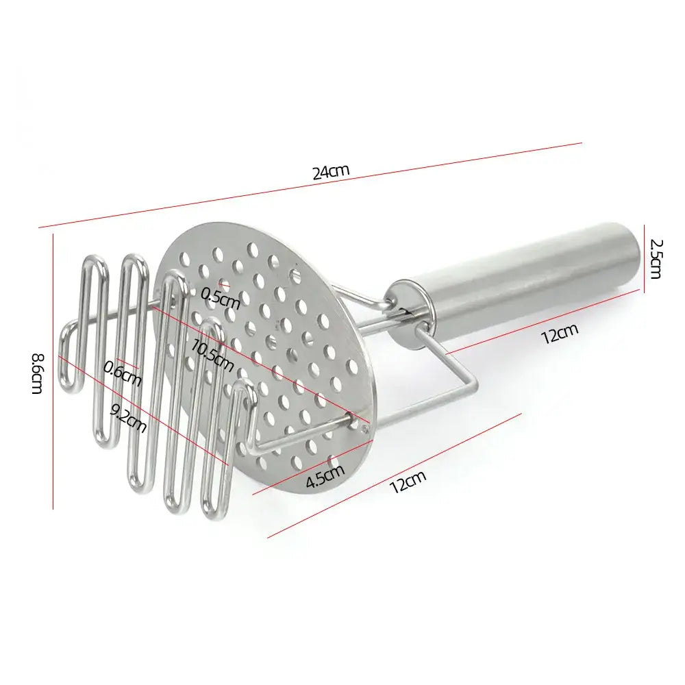 Black and silver stainless steel potato masher with circular perforated head and four curved tines for kitchen use