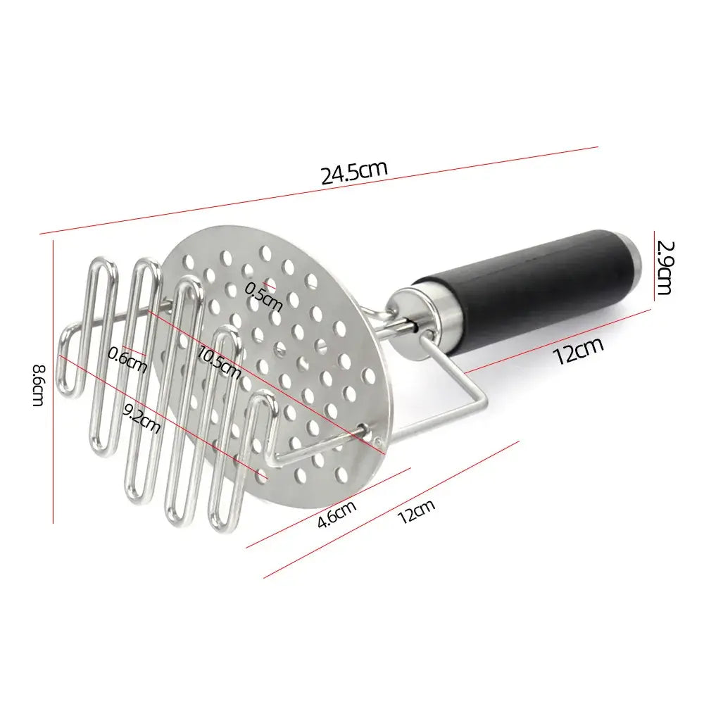 Black and silver stainless steel potato masher with black ergonomic handle for efficient kitchen food crushing