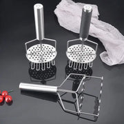 Black and silver stainless steel potato masher set with one black grip handle and one silver finish for food crushing