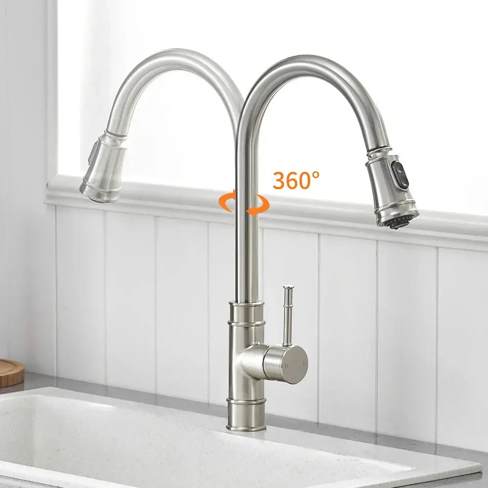 Black single handle stainless steel kitchen faucet with sleek modern design and 360-degree swivel pull out spout decorbites