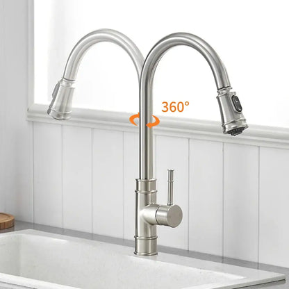 Black single handle stainless steel kitchen faucet with sleek modern design and 360-degree swivel pull out spout decorbites
