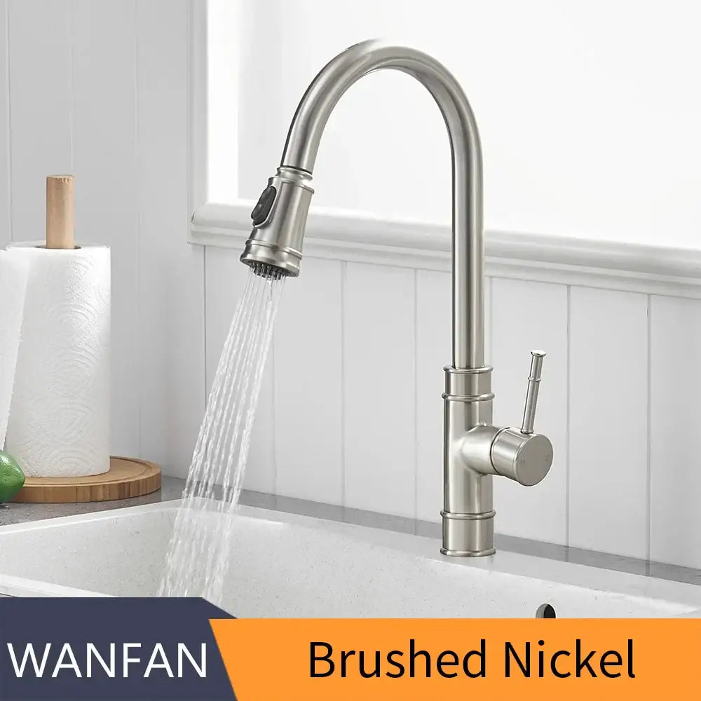 Brushed nickel black single handle pull out kitchen faucet with sleek arched spout and swivel spray head by decorbites