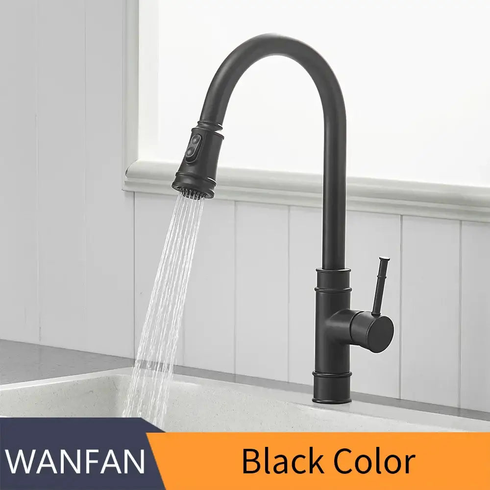 Black single handle pull out kitchen faucet with matte finish curved spout and pull down spray head by decorbites
