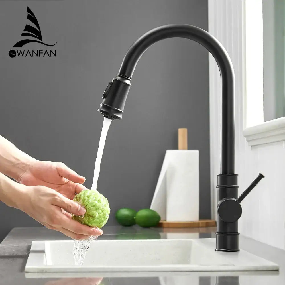 Black single handle pull out kitchen faucet with matte finish curved swivel spout and pull-down spray head by decorbites