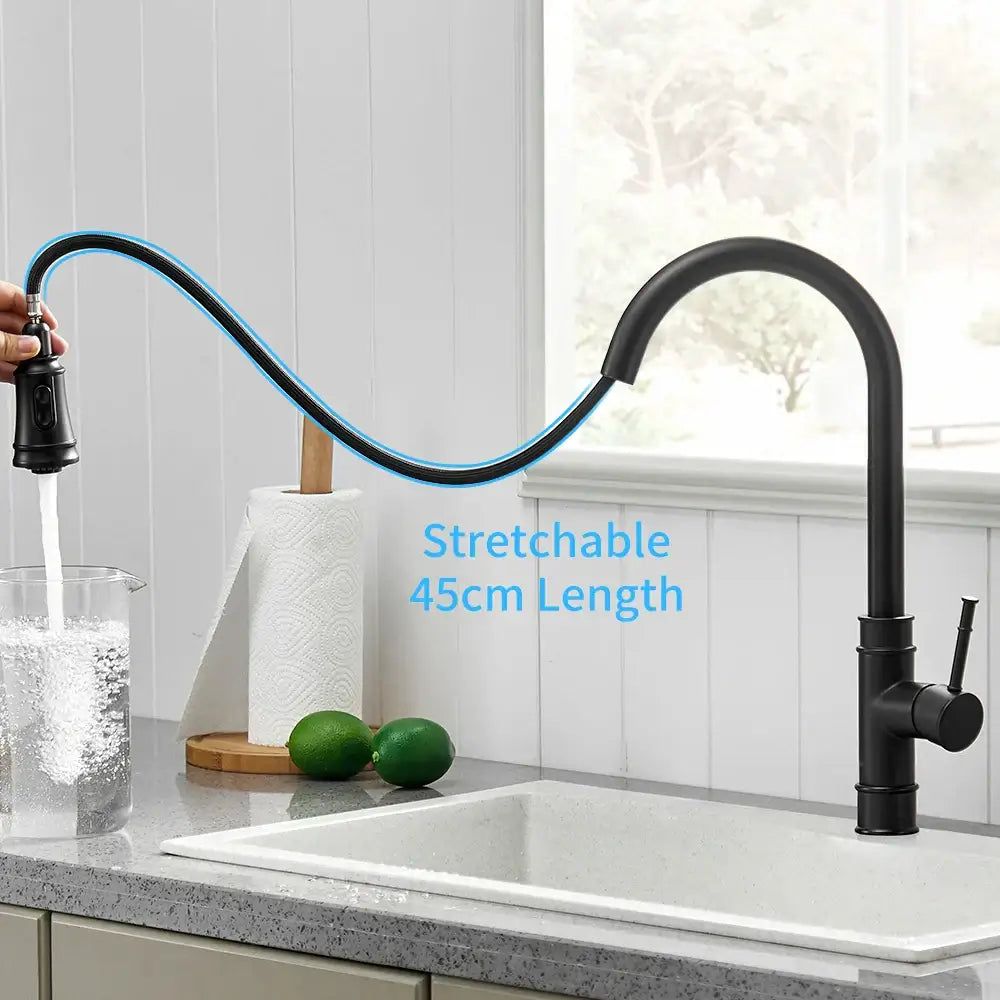 Black single handle pull out kitchen faucet with matte finish, 45cm flexible hose, and swivel spout by decorbites