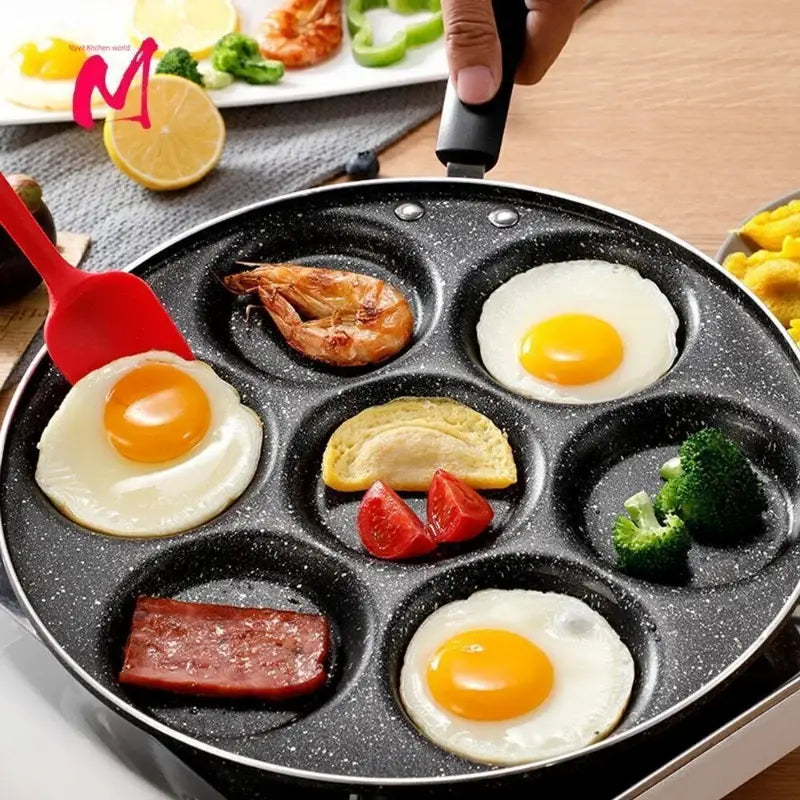 Black speckled decorbites breakfast egg pan with six compartments for cooking eggs and pancakes simultaneously